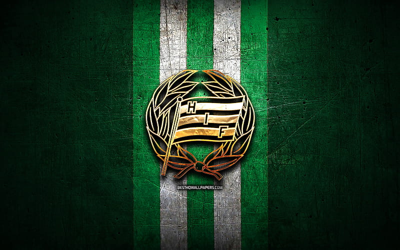 Hammarby FC, golden logo, Allsvenskan, green metal background, football, Hammarby IF, swedish football club, Hammarby logo, soccer, Sweden, HD wallpaper