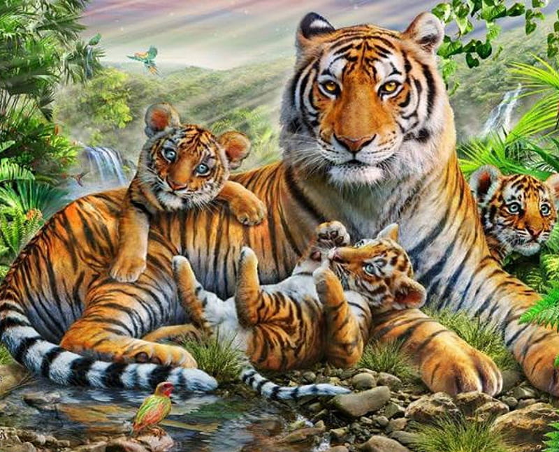 Tigress and her cubs, cute, forest, art, birds, playful, cubs, trees, tigress, HD wallpaper