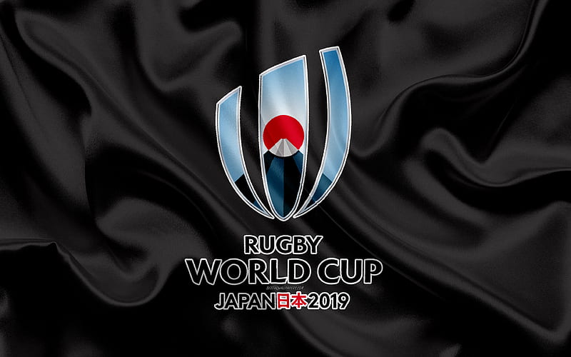 2019 Rugby World Cup, logo silk texture, emblem, Japan 2019, gray silk flag, ninth world championship, rugby, HD wallpaper