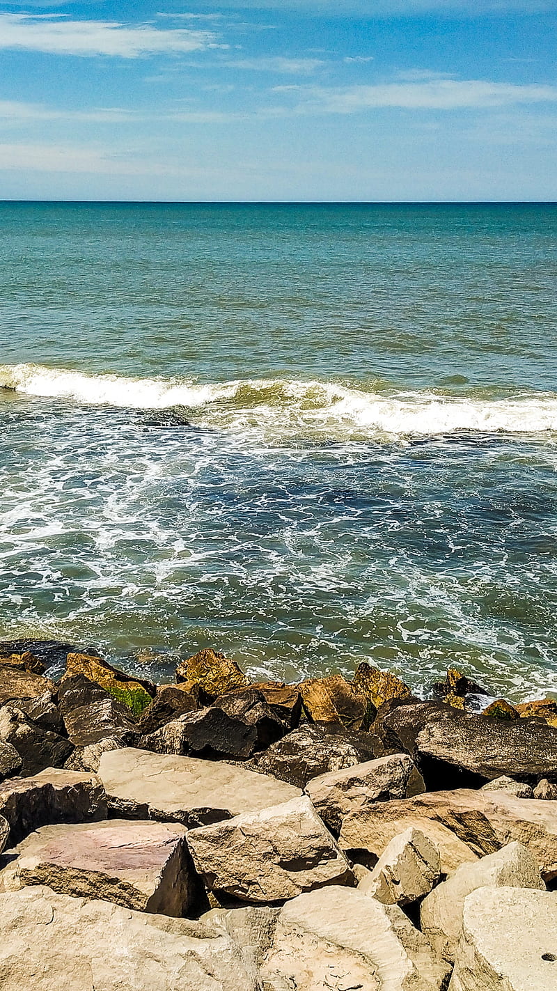 Mar y rocas, argentina, buenos aires, escolleras, miramar, playa, scenic, shore, sky, vacation, HD phone wallpaper