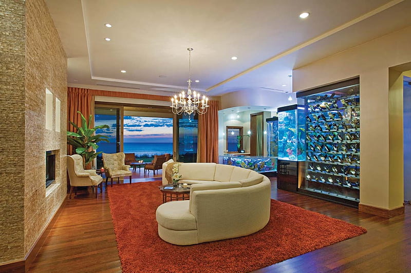 A Grand View, house, view, fish, aquarium, ocean, living room, wine, carpet, lights, lanai, couch, chairs, deck, HD wallpaper