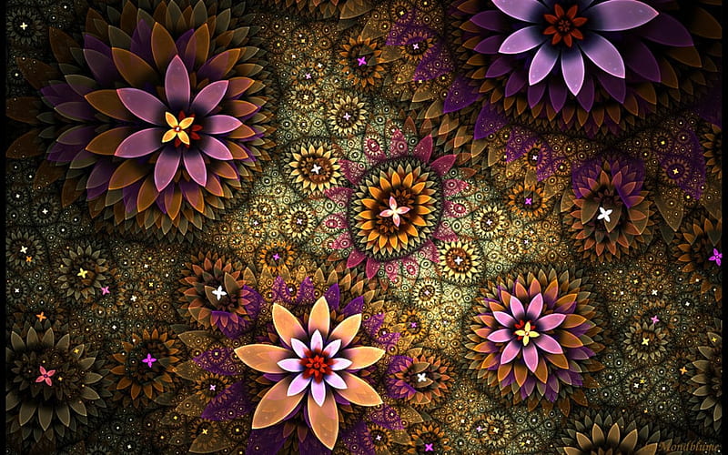 Flower Power, purple, brown, fractal, flowers, colors, HD wallpaper