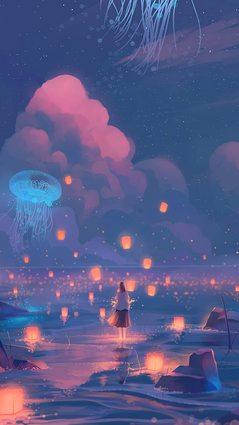 drawing, pink, jellyfish, sky, lantern, HD phone wallpaper