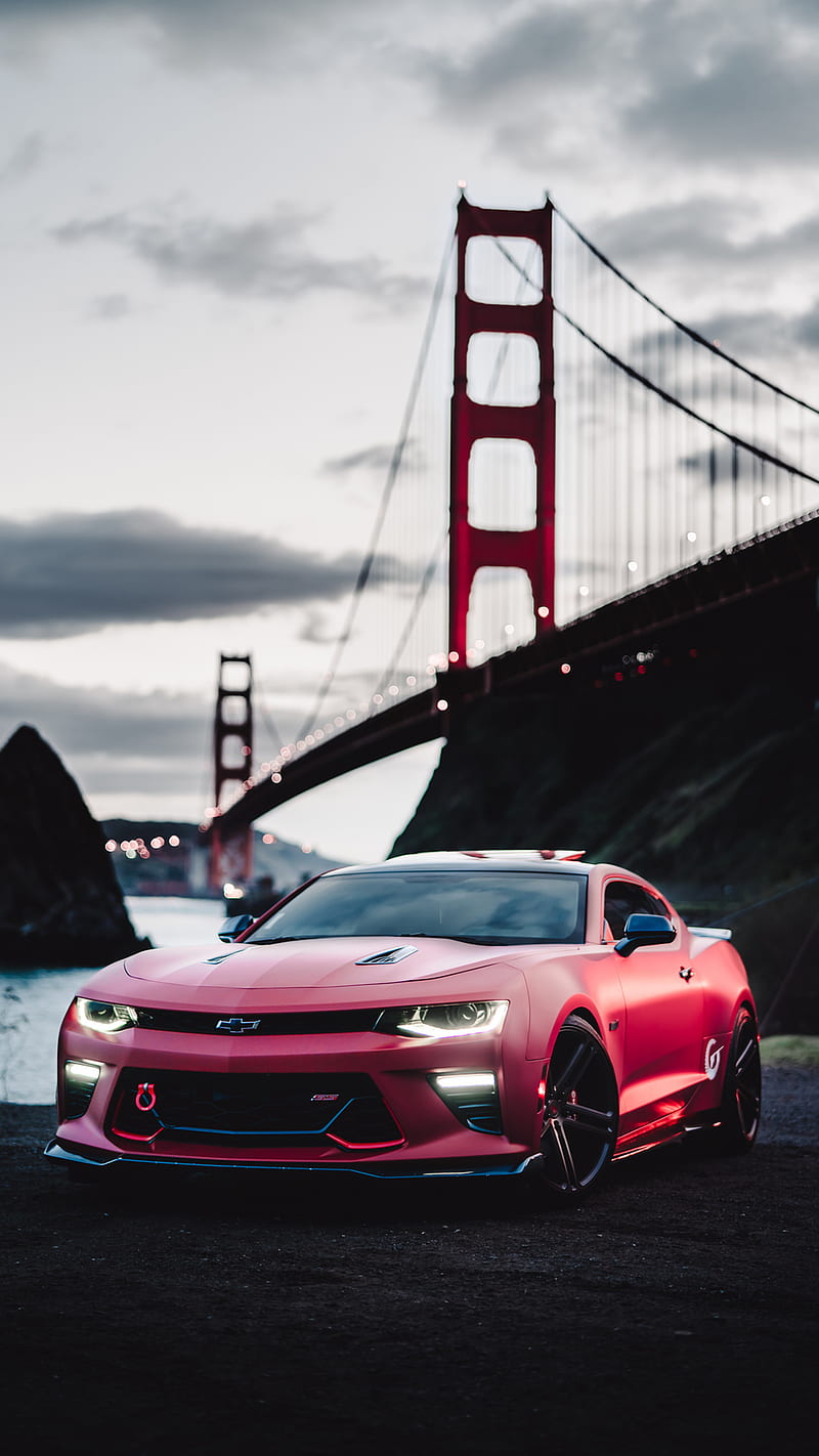car, vehicle, Golden Gate Bridge, USA, Chevrolet Camaro SS, suspension bridge, red cars, HD phone wallpaper