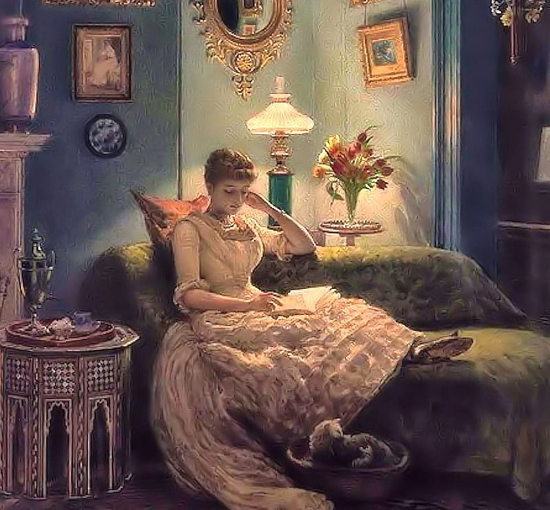 Evening at Home, pretty, Woman, Art, reading, HD wallpaper