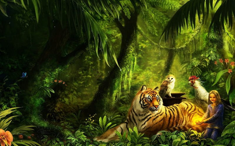 Tiger and Friends, owl, jungle, cock, child, trees, HD wallpaper