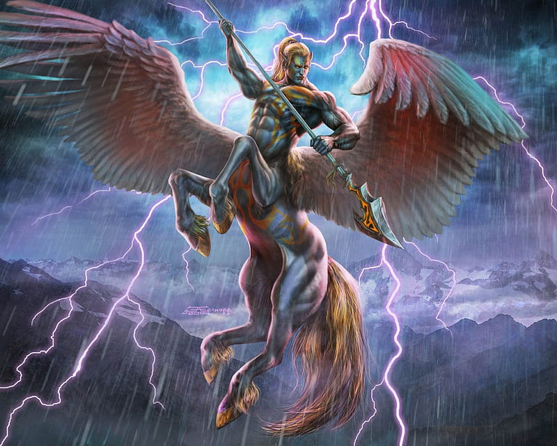 Centaur Pegasus Wings Spear Lightning Rain Lightning Bolts Fantasy Art, Lightning Lion, HD wallpaper