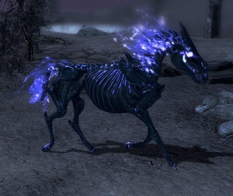 Arvak, Soul Cairn, skeleton, glowing, eerie, horse, pillar, dusty, Skyrim, blue fire, HD wallpaper