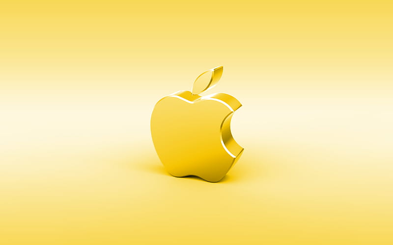 Apple yellow 3D logo, minimal, yellow background, Apple logo, creative, Apple metal logo, Apple 3D logo, artwork, Apple, HD wallpaper