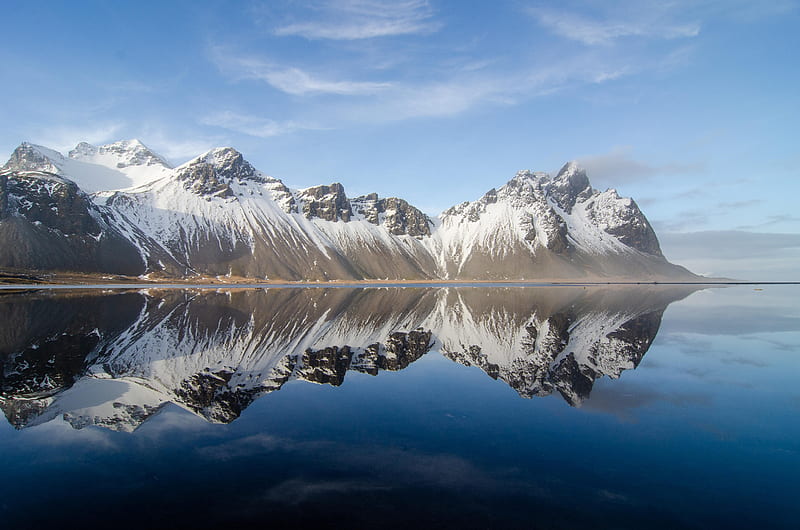 Stokksnes, Iceland on a frigid day, mountains, sea, water, ice, reflections, sky, clouds, HD wallpaper