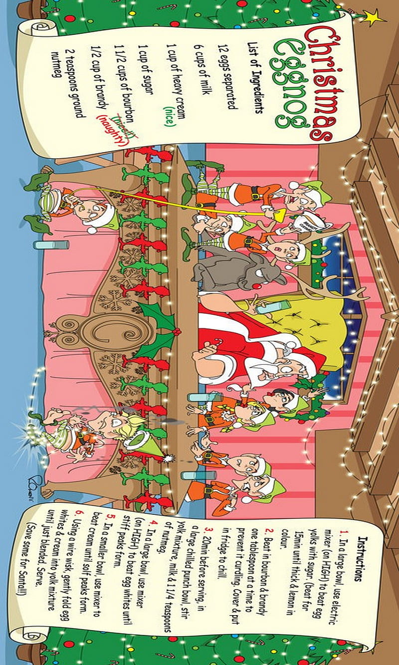eggnog recipe, cartoon, christmas, elves, fun, reindeer, santa, HD phone wallpaper