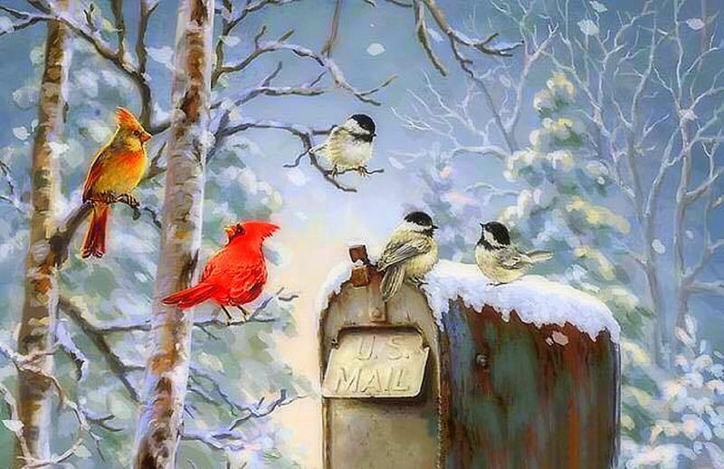 Tidings Holidays, Christmas, holidays, Christmas Tree, love four seasons, birds, attractions in dreams, xmas and new year, winter, paintings, snow, winter holidays, mailbox, animals, HD wallpaper