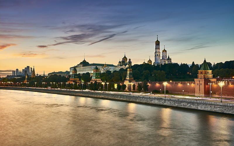 Moscow, Russia, evening, Kremlin, Moscow river, embankment, Russian Federation, landmarks, HD wallpaper