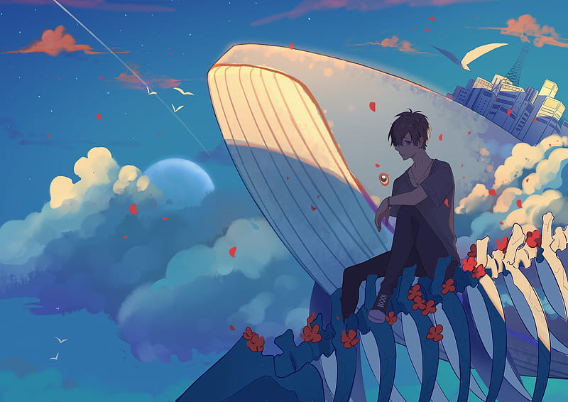 anime boy, clouds, skeleton, flying, Anime, HD wallpaper