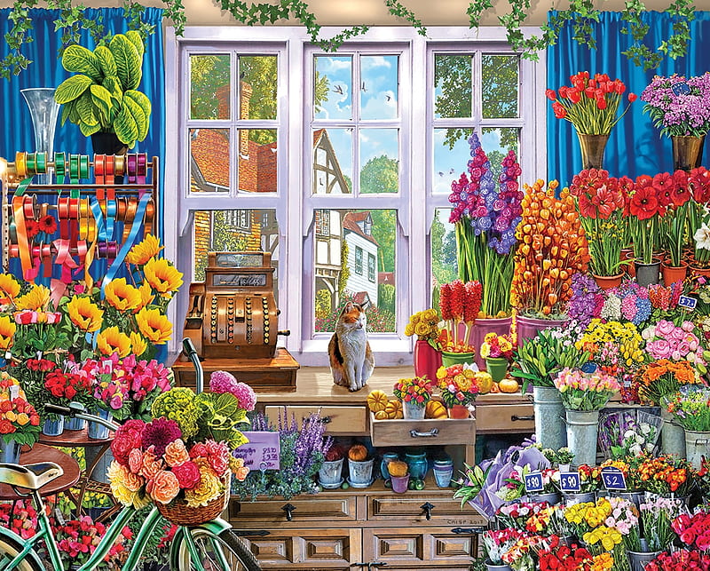 Flower Shop, flower, watchful, puzzle, cat, HD wallpaper