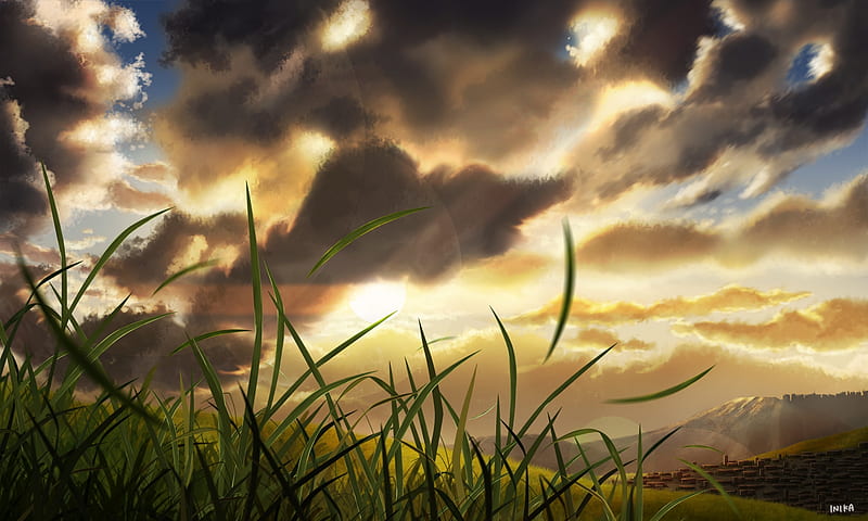 anime landscape, clouds, grass, sunset, plans, scenic, Anime, HD wallpaper
