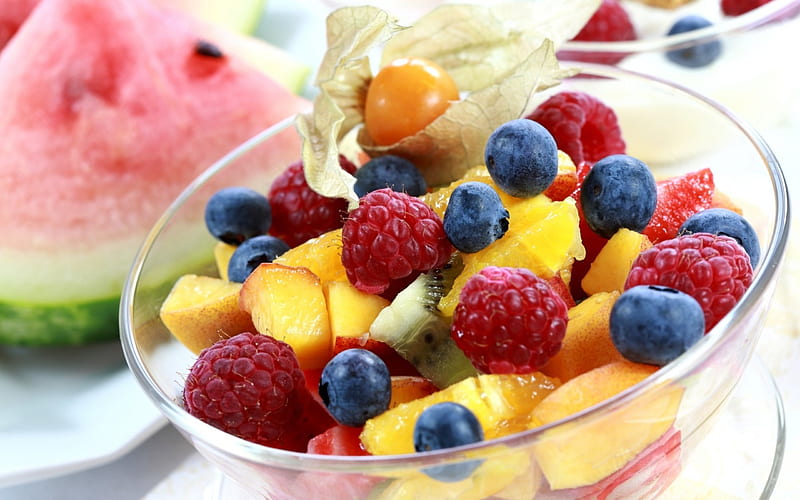 ~ fruit salad ~, fruit, delicious, food, fruits, blueberry, healthy, HD wallpaper