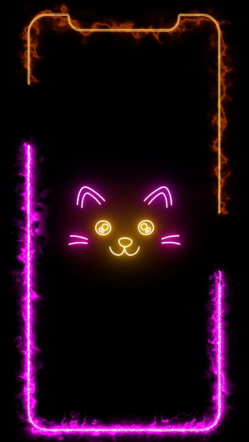 Cute Cat Frame, amoled oled pink glowing black background, animal, cats, furry, iframes frame frames glowing neon boarder line popular trending new iphone apple high quality live border notch, meow, pet, HD phone wallpaper