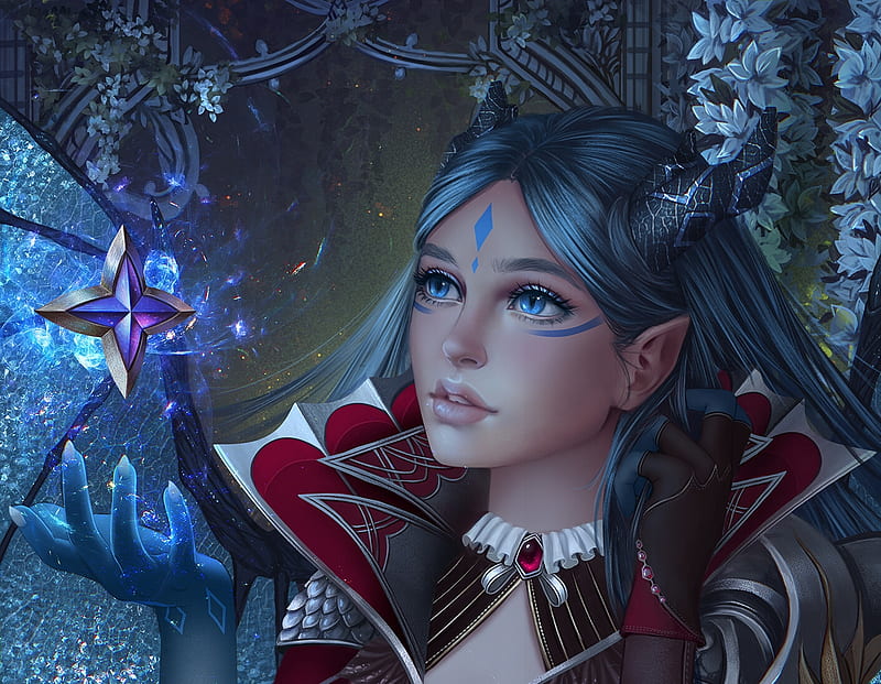 Dragon's treasure, blue, red, fantasy, frumusete, luminos, girl, face, galina butakova, HD wallpaper