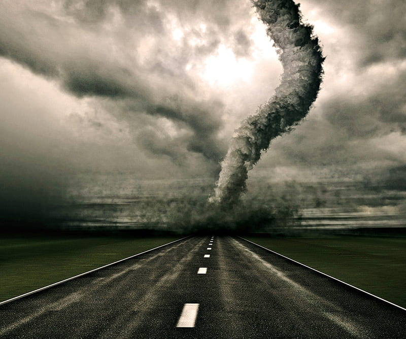 Tornado, clouds, dark, landscape, road, storm, HD wallpaper