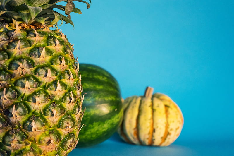 close-up of pineapple, watermelon, and squash, HD wallpaper