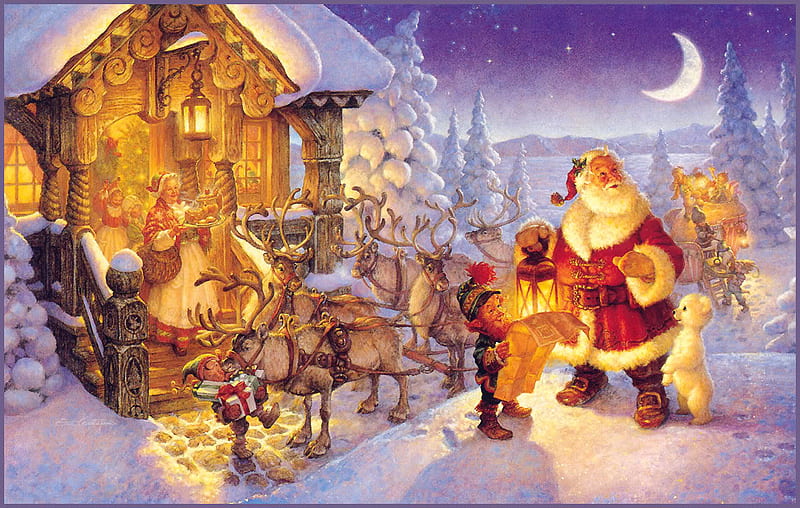 Santa Claus Is Coming To Town, sleigh, house, cottage, bear, elves, santa claus, moon, reindeer, reindeers, polar bear, stars, mrs claus, lanterns, holiday, christmas, elf, trees, winter, santa, snow, mountains, cub, presents, gifts, HD wallpaper