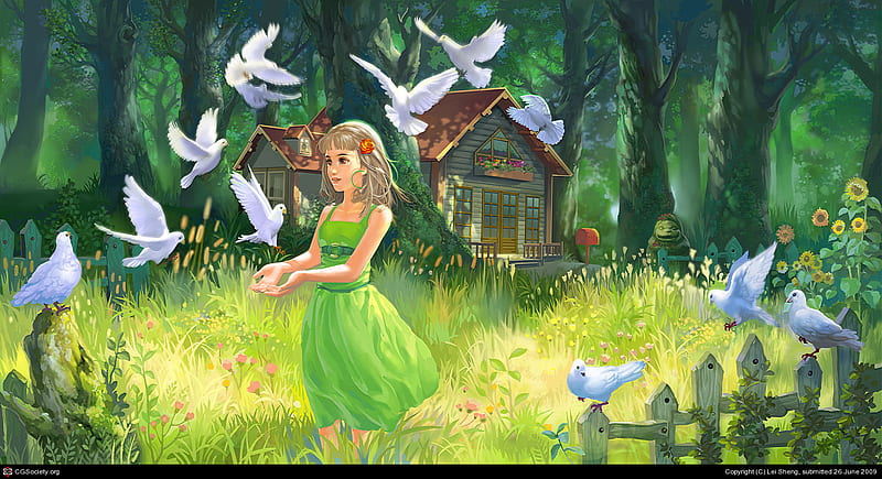 spring garden, house, girl, flowers, pigeons, garden, spring, HD wallpaper