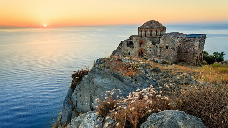 church ruins on a greek island at sunset, ruins, sunset, island, church, sea, HD wallpaper