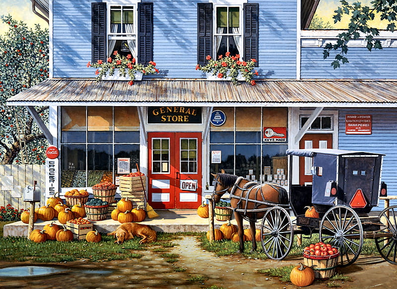 Market Day F1, architecture, art, house, general store, buggy, equine, bonito, horse, artwork, market day, painting, wide screen, scenery, pumpkins, HD wallpaper