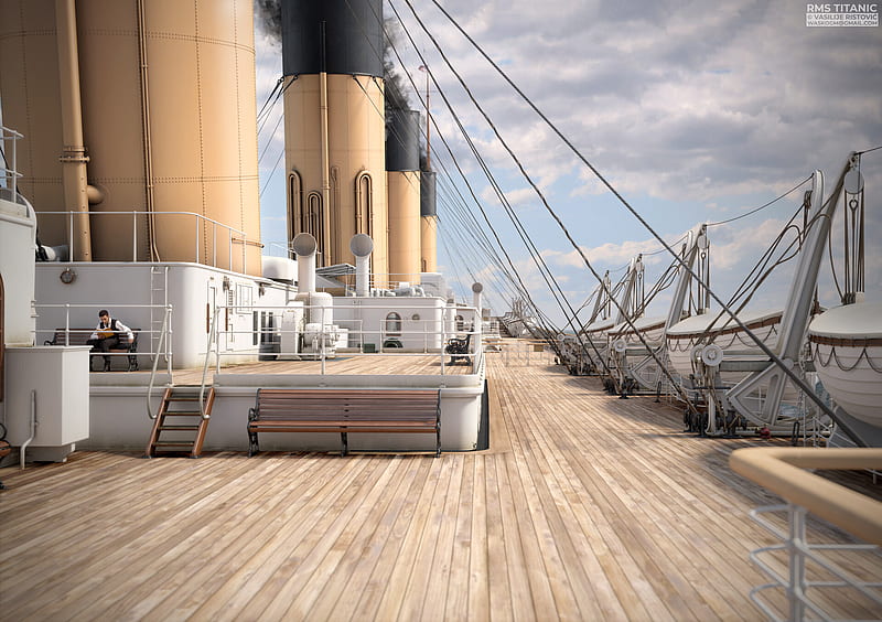 Titanic Deck, funnels, ship, titanic, HD wallpaper
