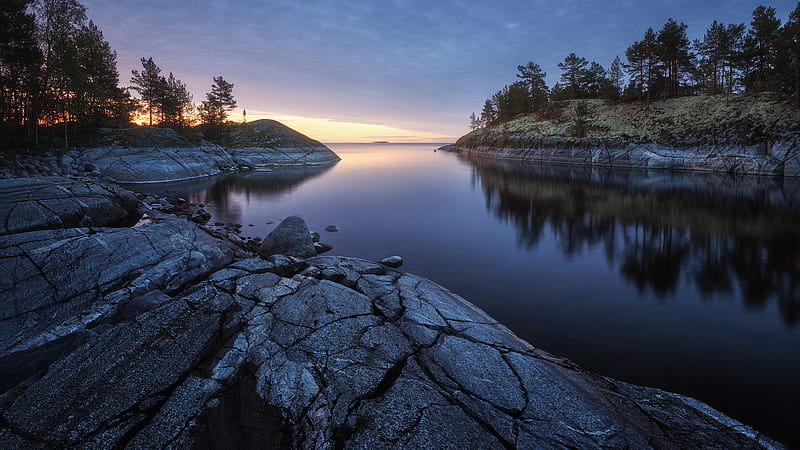 Ladoga Lake Between Stone Rock During Sunrise Nature, HD wallpaper