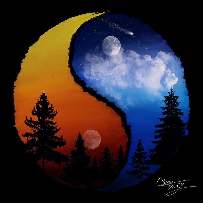 Moon, night, sunset, black background, Yin and Yang, HD phone wallpaper