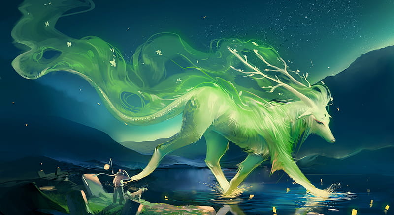 Creature, green, anime, mountains, people, nature, wolve, HD wallpaper
