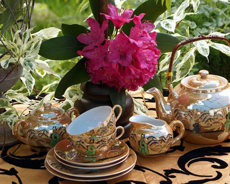 Flowers and Sets of Tea Pots, wares, saucers, flowers, tea pot, cups, HD wallpaper