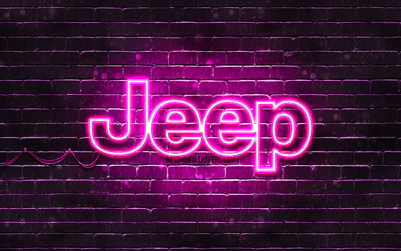Jeep purple logo purple brickwall, Jeep logo, cars brands, Jeep neon logo, Jeep, HD wallpaper