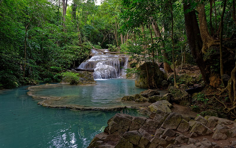 waterfall, jungle, forest, river, beautiful waterfall, Erawan National park, Erawan, Thailand, HD wallpaper
