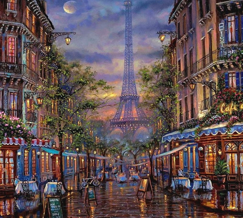 Summer in Paris, tables, stree, buildings, trees, artwork, Moon, restaurant, Clouds, eiffel tower, painting, blossoms, HD wallpaper