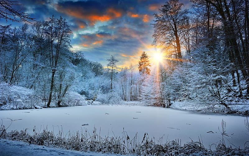winter, frozen lake, forest, sunset, snowdrifts, HD wallpaper