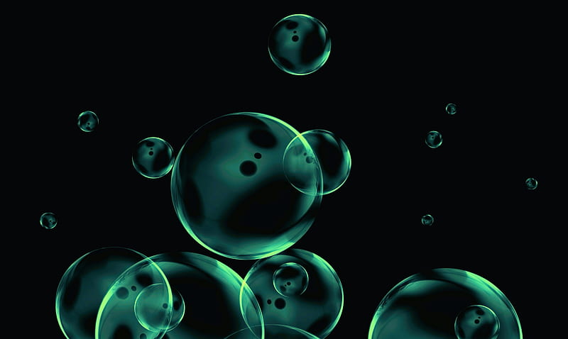green bubbles, floating, dark theme, Abstract, HD wallpaper
