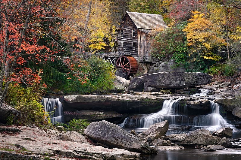 Glade Creek Grist Mill, West Virginia, autumn, waterfalls, usa, mill, trees, HD wallpaper