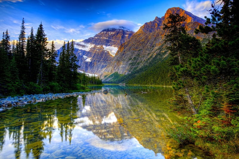 MOUNTAIN LAKE, mountain, forest, lake Cavell, Jasper National Park, nature, Mount Edith Cavell, lake, landscape, HD wallpaper