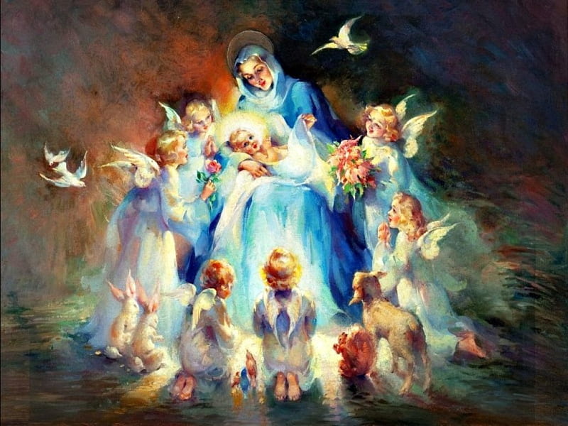 Holy Night, woman, mother, card, christ, hite, painting, lamb, blue, art, birth, wings, craciun, christmas, angel, bird, dove, white, HD wallpaper