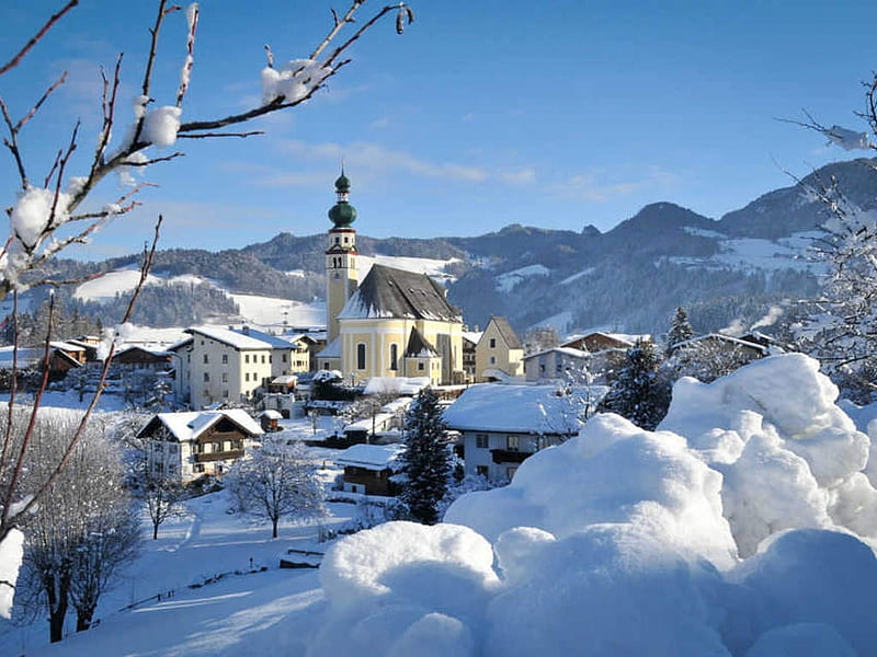 Village in Tyrol, Austria, snow, mountains, houses, church, winter, landscape, HD wallpaper
