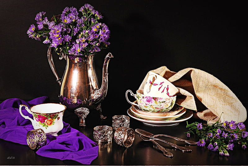 preparing for tea, shawl, teapot, purple, flowers, bonito, tableware, tea, teacup, HD wallpaper