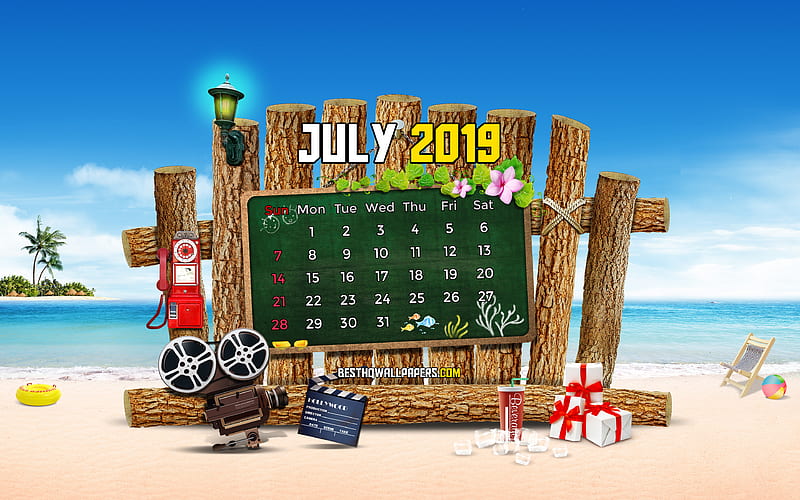 July 2019 Calendar summer beach, 2019 calendar, cartoon landscape, July 2019, abstract art, Calendar July 2019, artwork, 2019 calendars, HD wallpaper