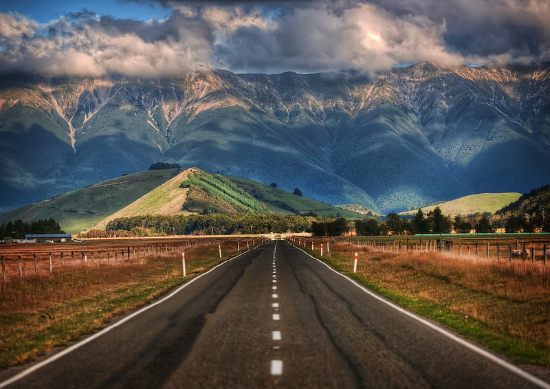 The long road in New Zealand, distance, blue sky line, look forward, way you go, mountain, new zealand, destiny, road to mountain, look ahead, road, HD wallpaper