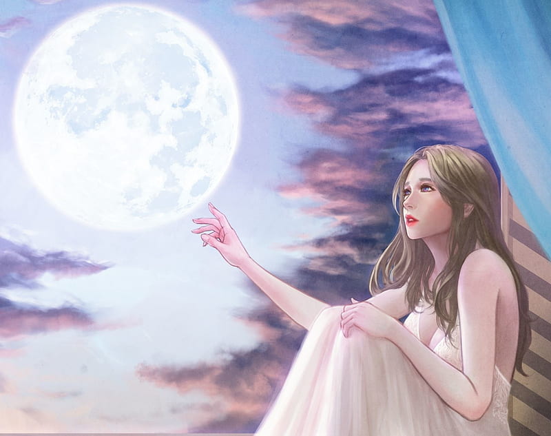 Touch the moon, moon, window, luminos, fantasy, moon, girl, hand, s a star lee, blue, HD wallpaper