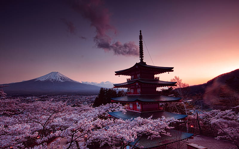 japan, Churei Tower, Fujiyama, sunset, japanese landmarks, Asia, Mount Fuji, HD wallpaper
