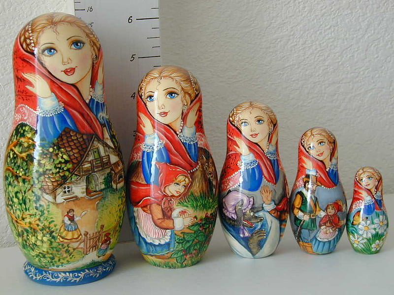 Little Red Riding Hood Dolls, dolls, russian, wood, stacking, HD wallpaper