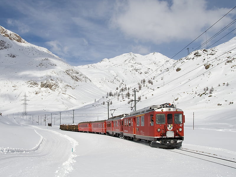 Winter, Snow, Mountain, Switzerland, Train, Vehicles, Electric Train, Rhb, HD wallpaper